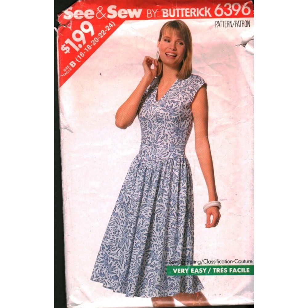 See & Sew Butterick 6396 Vintage 1988 Misses Dress Sewing Pattern Size 16-18 CUT